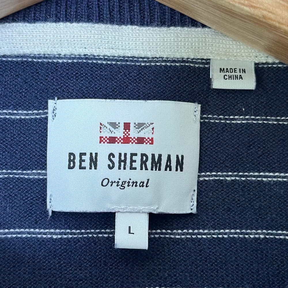 Ben Sherman Navy White Striped Cotton Merino Wool Crewneck Sweater Size Large - Picture 3 of 12